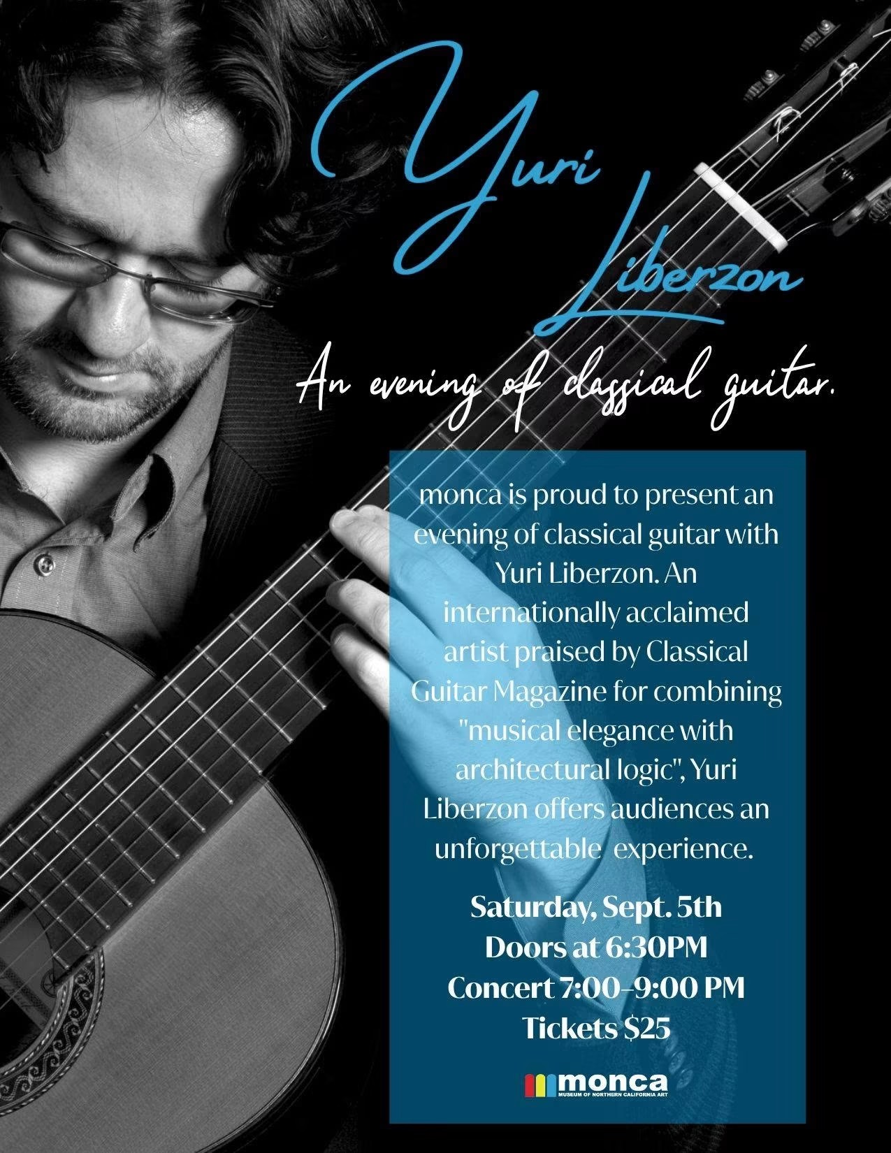Concert poster: Yuri Liberzon, An Evening of Classical Guitar at monca, Saturday September 5, doors 6:30 PM, concert 7:00-9:00 PM, tickets $25.