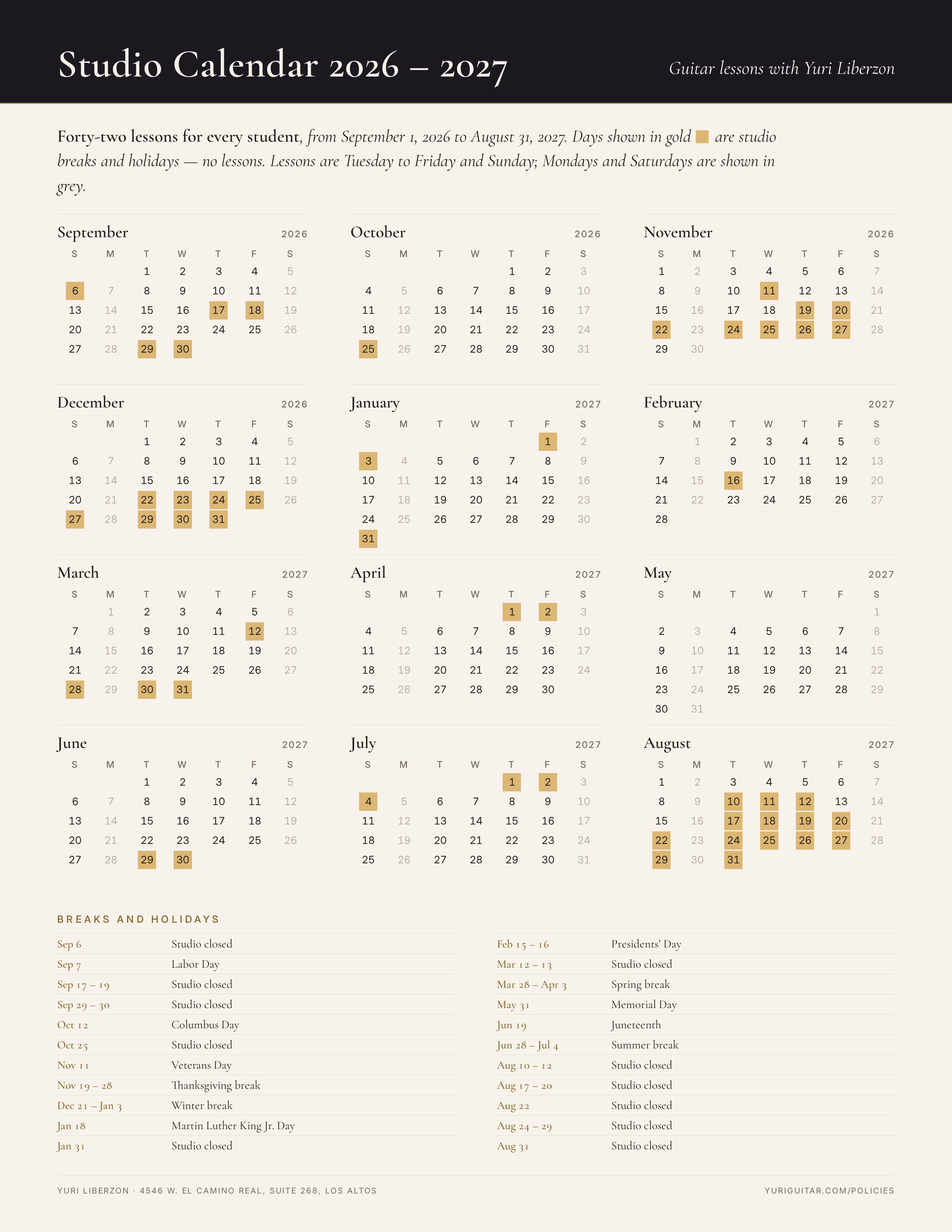 Studio calendar 2026–2027, September through August: days marked in gold are studio breaks and holidays with no lessons; Mondays and Saturdays, when there are no lessons, are greyed out