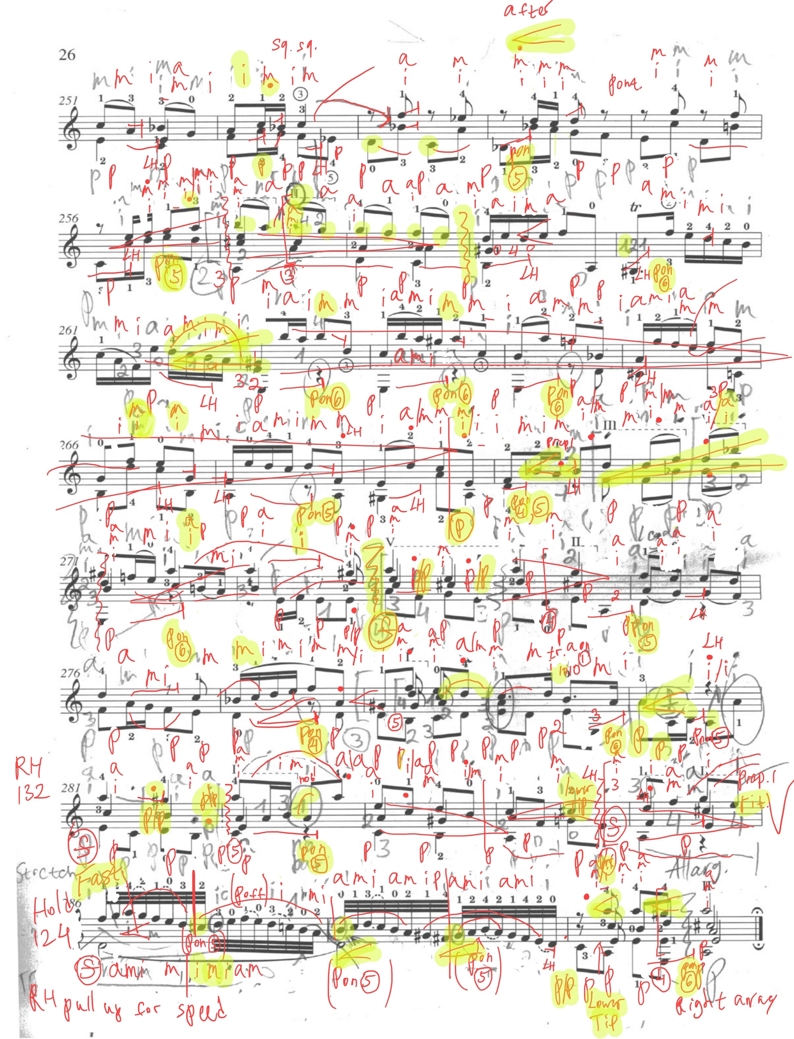A page of Yuri’s Bach score with red fingerings and arrows and yellow highlights marking passages