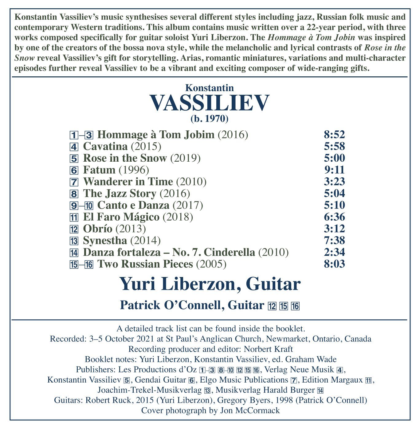 Back cover of Konstantin Vassiliev: Guitar Works 1, listing the works and playing times