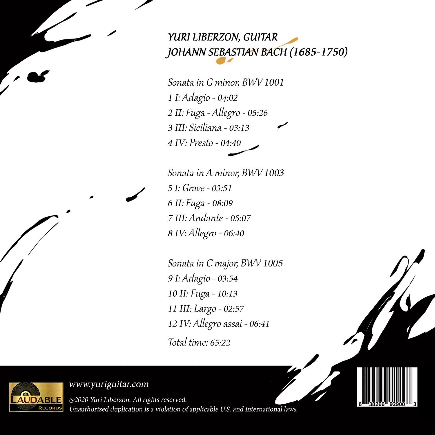 Back of the 3 Violin Sonatas cover, listing the sonatas BWV 1001, 1003 and 1005 with their movements
