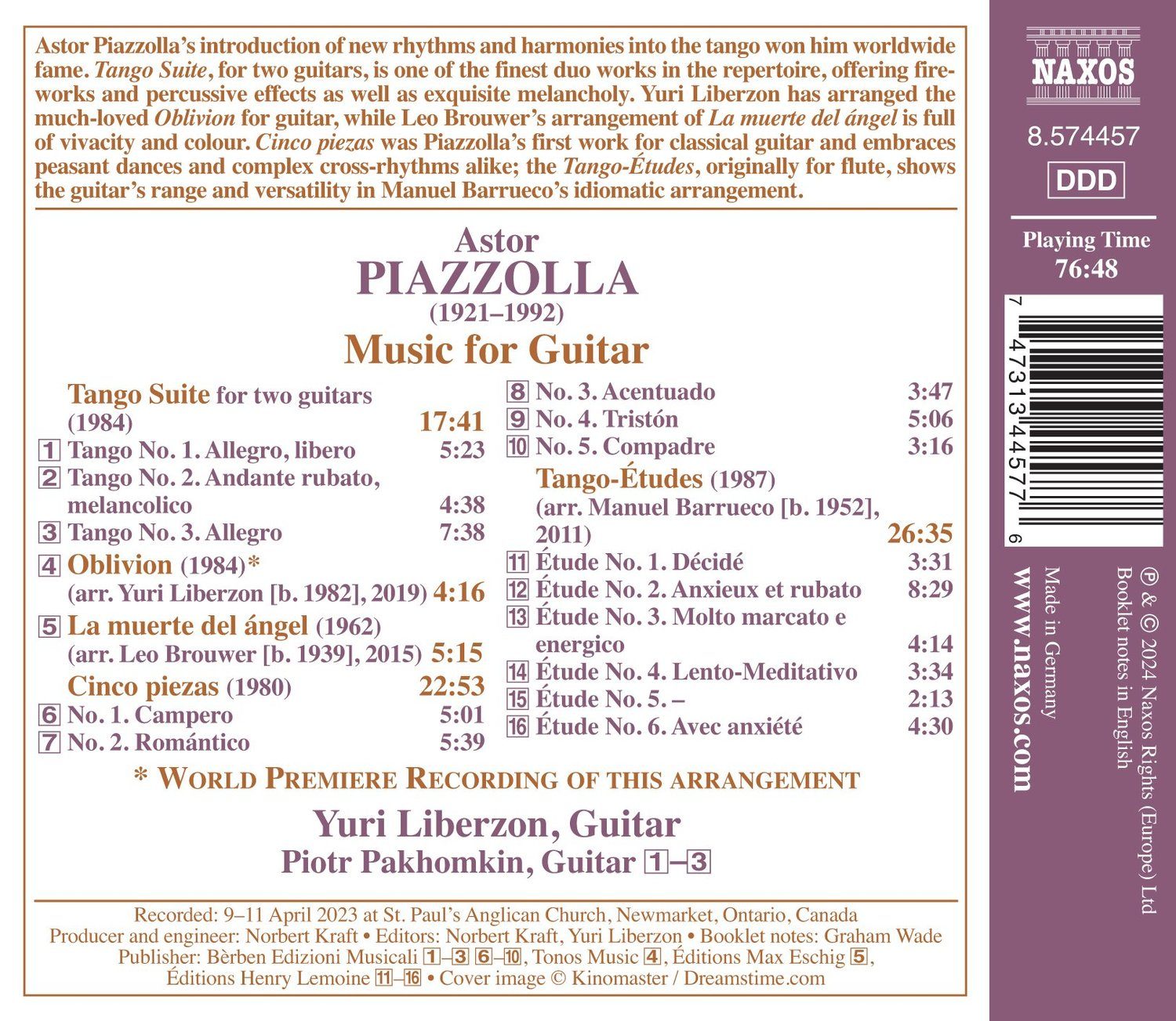 Back cover of Piazzolla: Music for Guitar, listing the works and playing times, including the world premiere recording of Yuri Liberzon’s arrangement of Oblivion